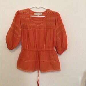 Carolina K Coral Boho Crochet Blouse 100% Cotton Gauze Sz L